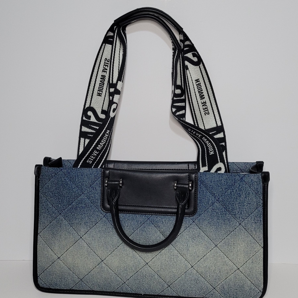 Steve Madden Denim Quilted Tote with Logo Straps - Picture 2 of 4